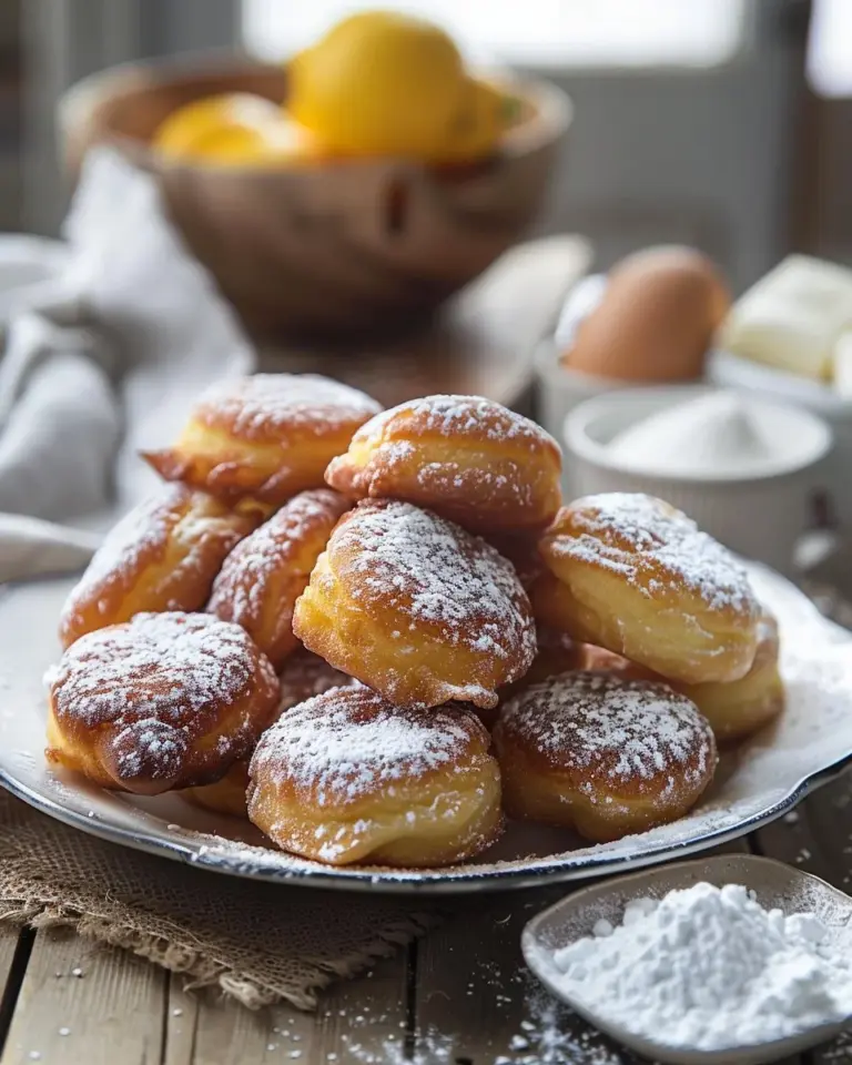 Plate of light and fluffy buttermilk beignets dusted with powdered sugar
