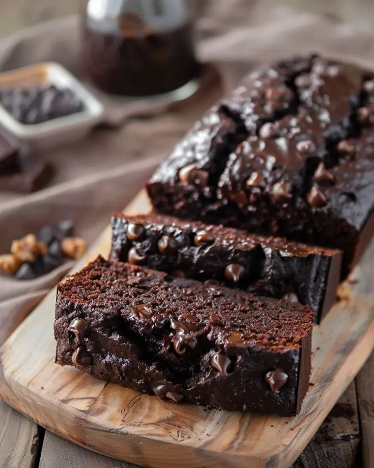 Delicious Hot Fudge Brownie Bread served on a wooden board with chocolate drizzle