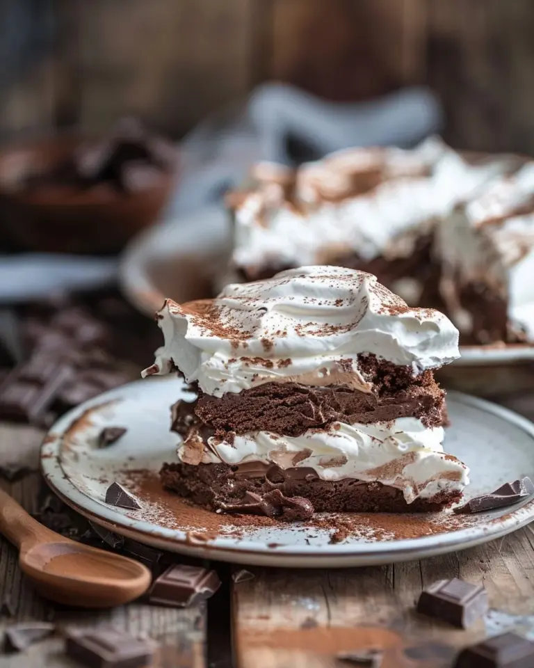Delicious Milk Chocolate Meringue Cake topped with creamy chocolate and delicate meringue.