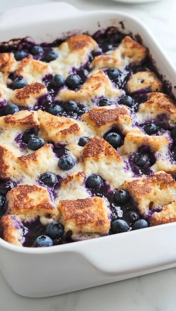 Delicious blueberry french toast casserole topped with fresh blueberries and syrup