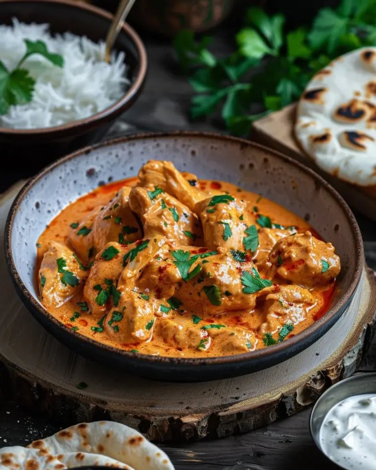 Delicious homemade butter chicken served with rice and naan bread.