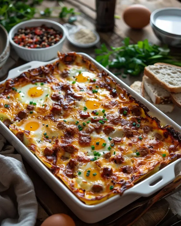 Delicious sausage and egg casserole baked to perfection