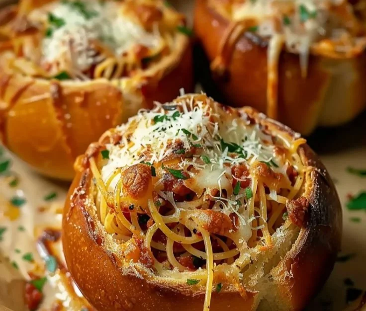 Spaghetti Garlic Bread Bowls