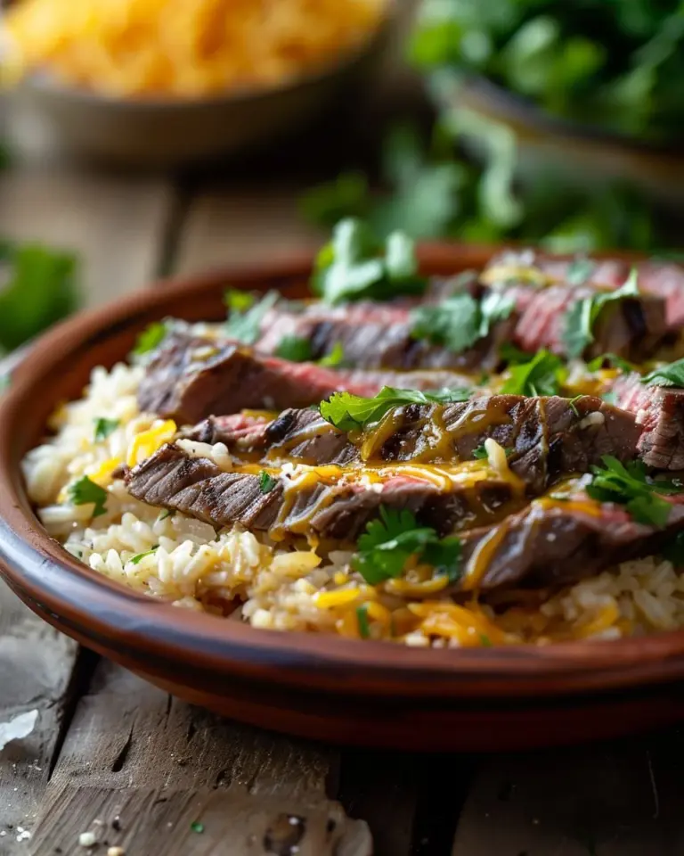 Plate of Steak Queso Rice topped with cheese and garnished with fresh herbs.