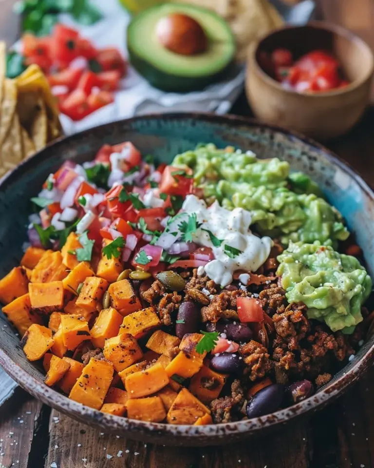Delicious sweet potato taco bowl garnished with fresh toppings