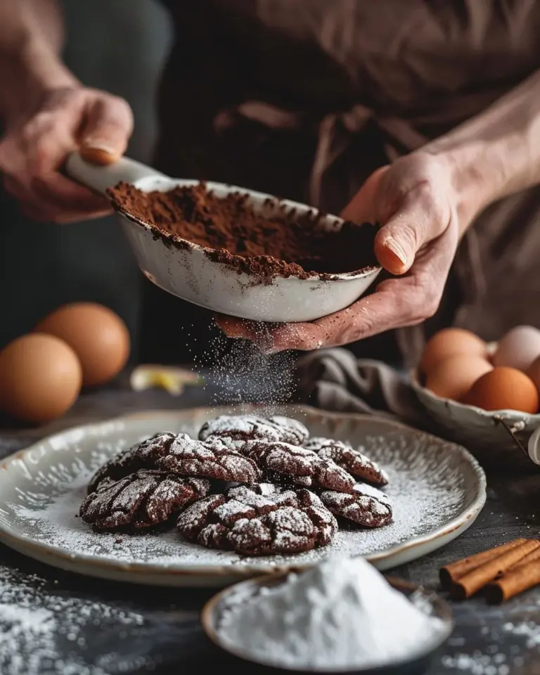 Delicious homemade Chocolate Crinkle Cookies with powdered sugar topping