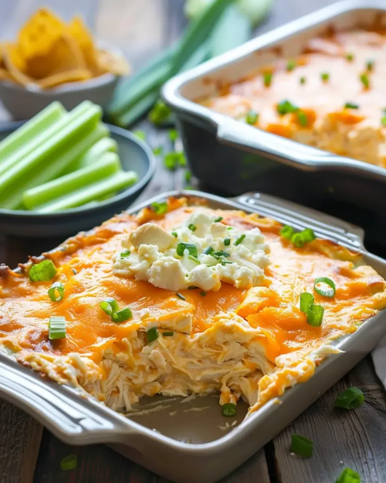 Delicious Buffalo Chicken Cheese Bake topped with melted cheese and vibrant sauce