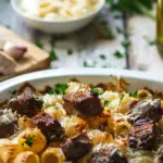 Cajun Steak Bites served with cheesy garlic pasta on a plate