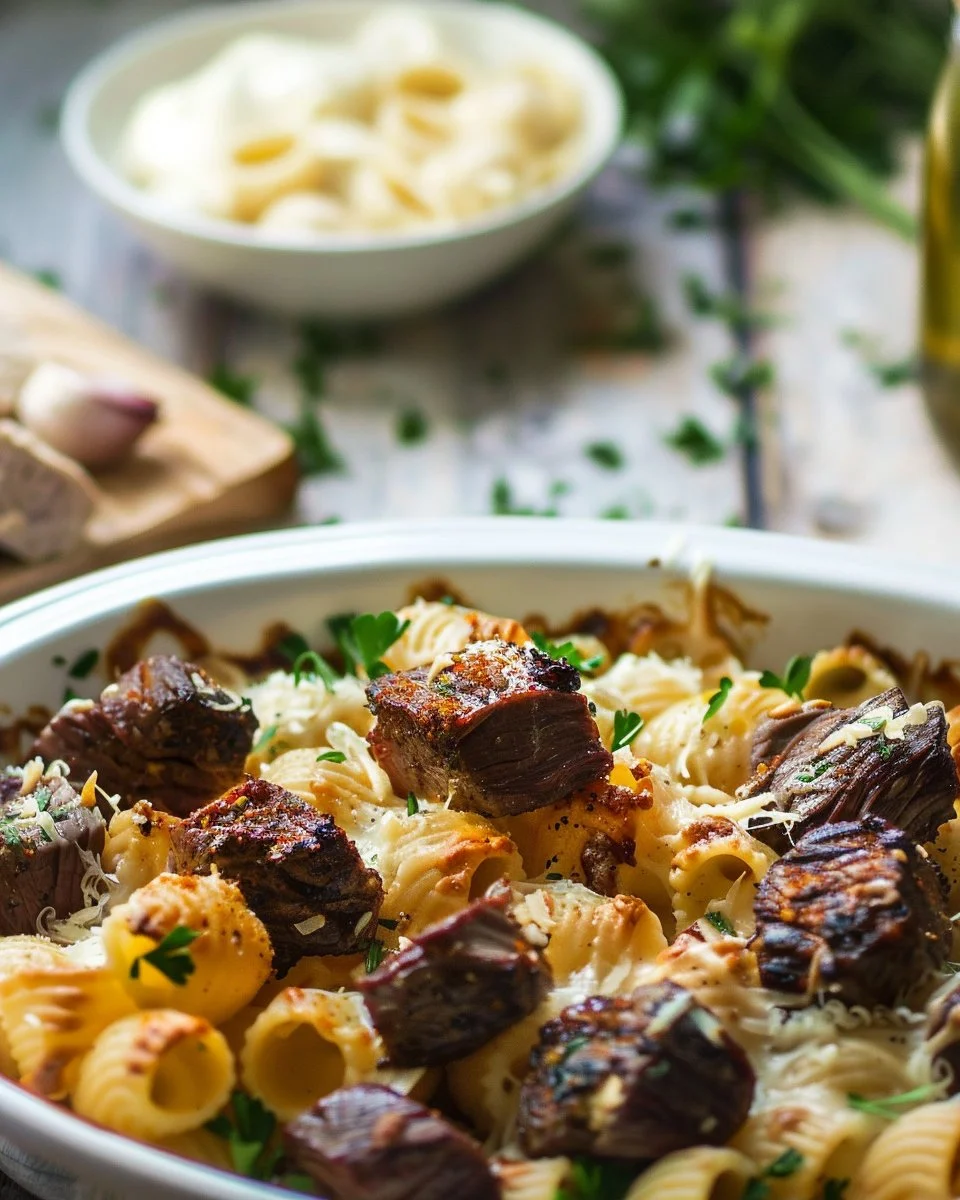 Cajun Steak Bites with Cheesy Garlic Pasta