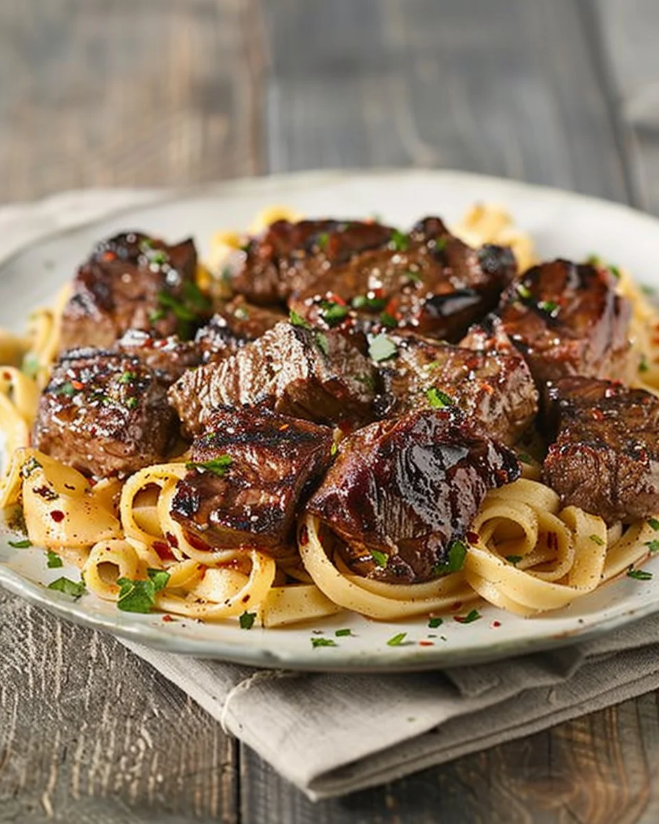 Cajun Steak Bites with Cheesy Garlic Pasta