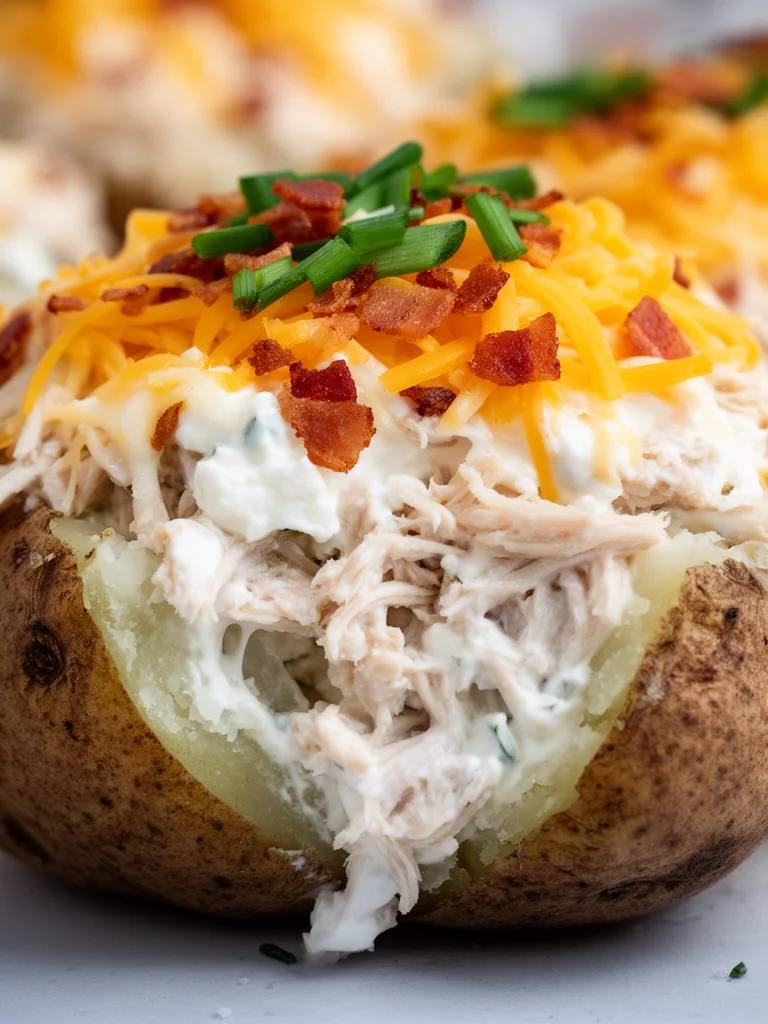 Delicious Crack Chicken Stuffed Baked Potatoes served on a plate