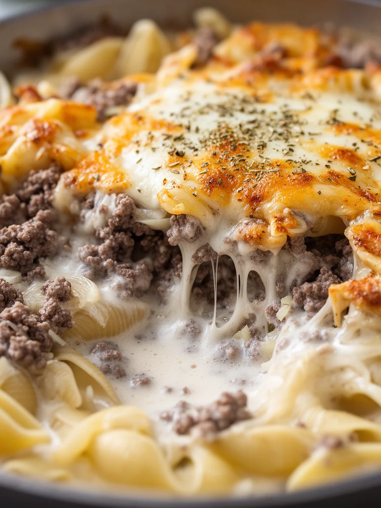 Creamy beef and shells in a bowl, garnished with herbs