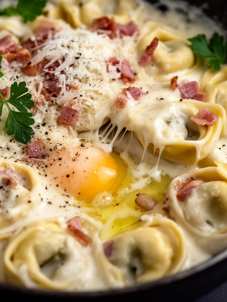 Creamy tortellini carbonara with pancetta and parmesan cheese