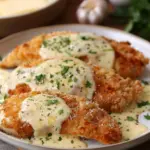Crispy Parmesan chicken served with garlic cream sauce on a plate