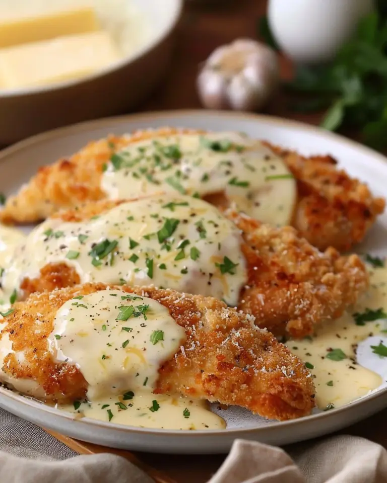 Crispy Parmesan chicken served with garlic cream sauce on a plate