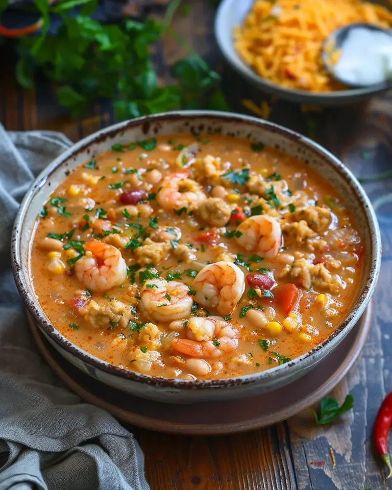 Bowl of creamy seafood and shrimp chili garnished with herbs
