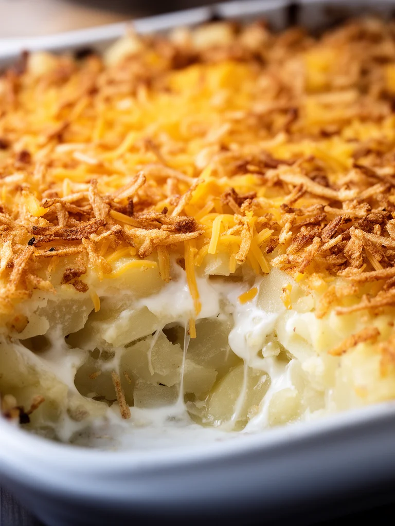 Delicious French Onion Funeral Potatoes topped with crispy onions and cheese.