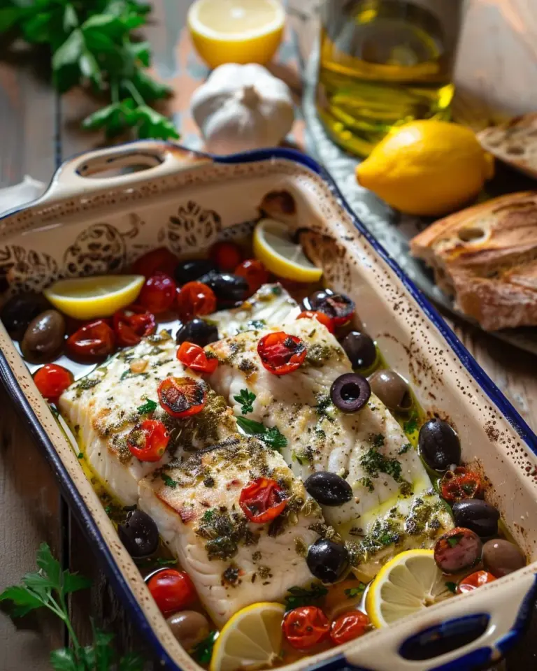 Plate of Mediterranean baked fish garnished with herbs and lemon slices