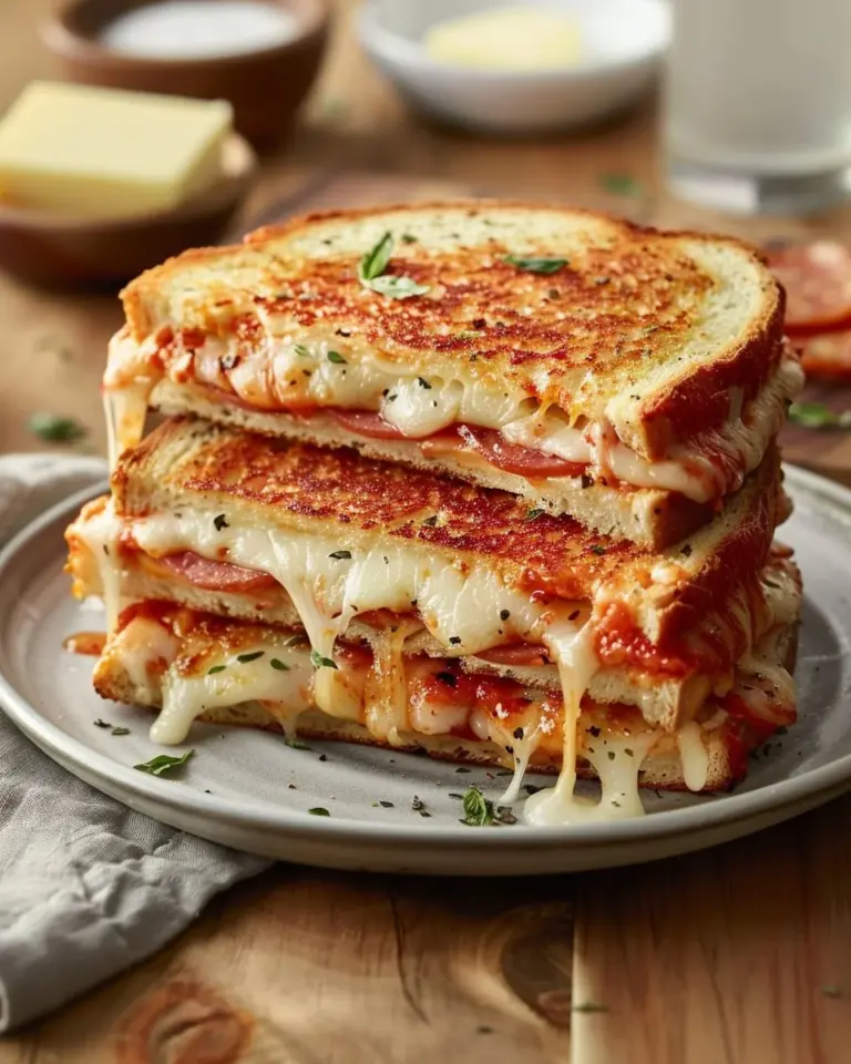 Delicious Pizza Grilled Cheese sandwich with melted cheese and marinara sauce