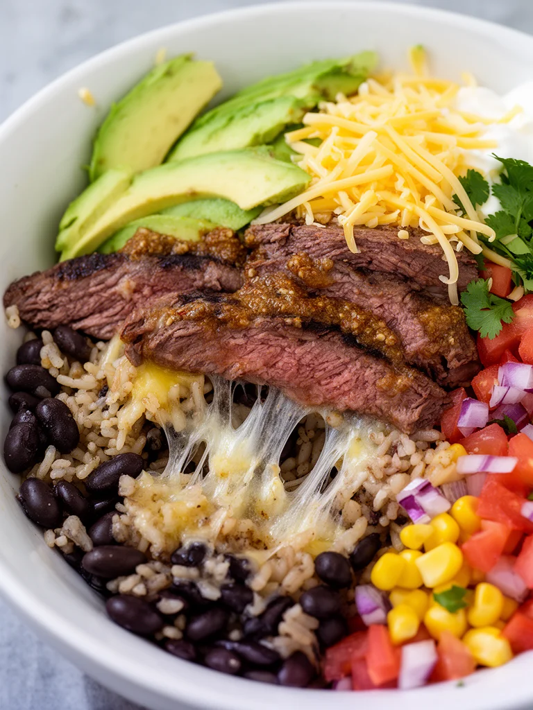 Steak Burrito Bowl with fresh ingredients and tender steak