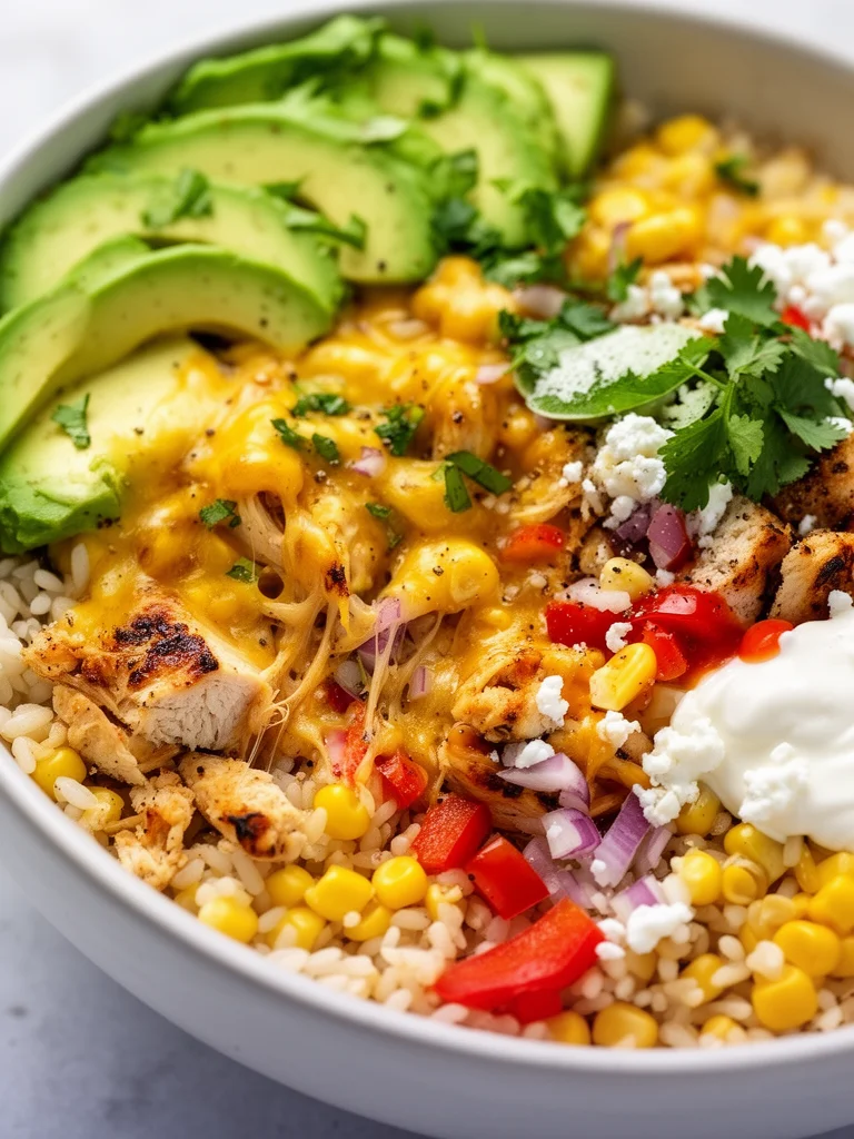 Street Corn Chicken Rice Bowl with tender chicken and vibrant corn toppings