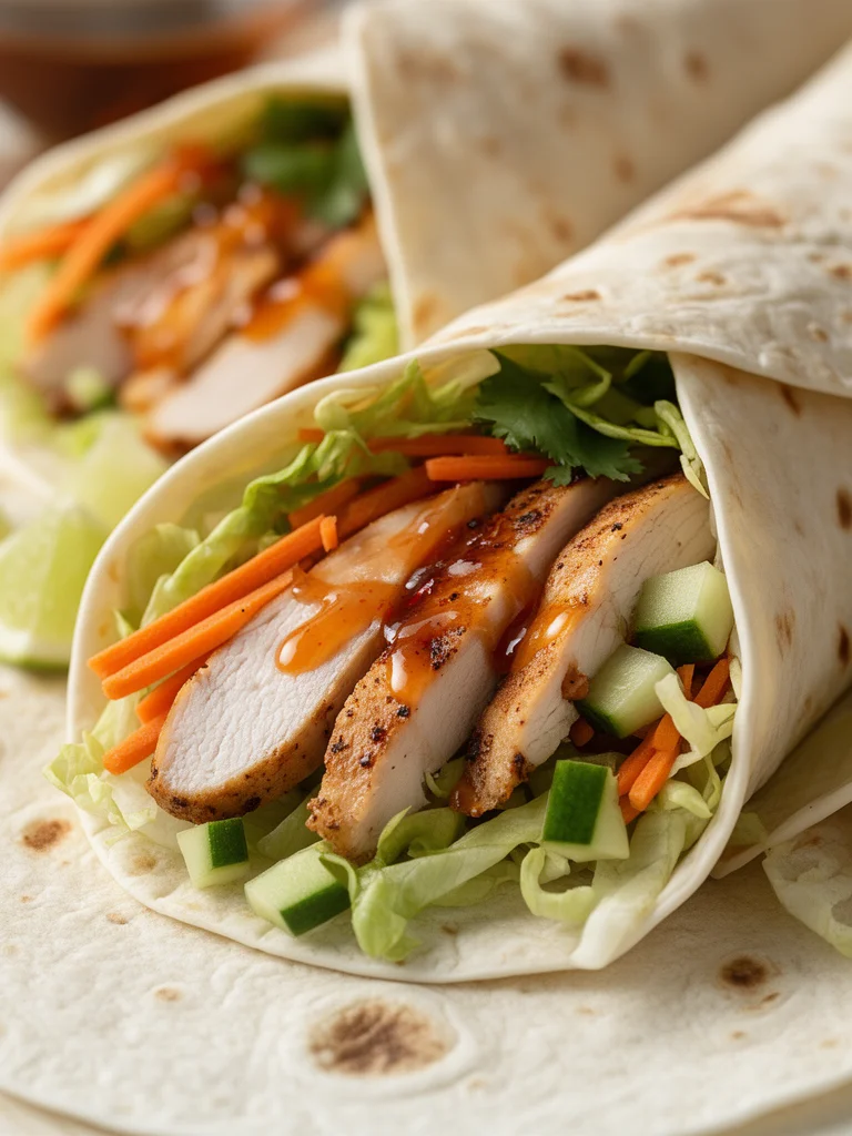 Sweet Chili Chicken Wraps with vibrant veggies and sauce on a plate